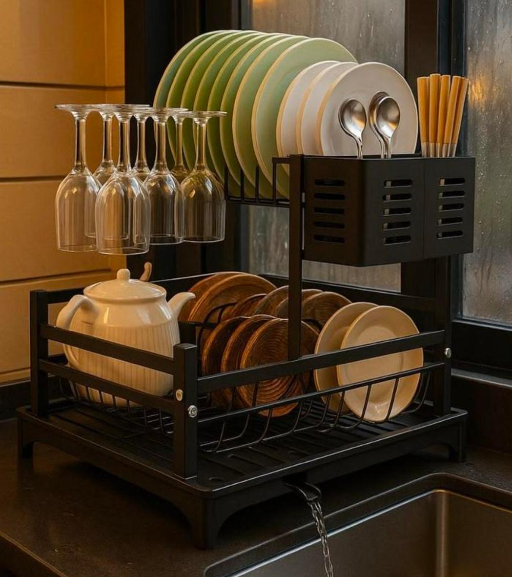 2-Layer Dish Drying Rack with Wine Glass Holder & Drip Tray