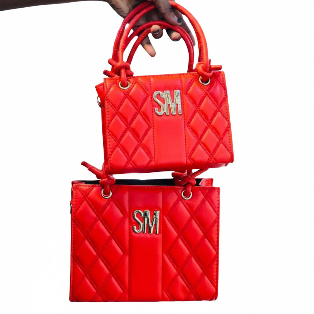 SM Quilted Tote Bag | 2-Piece Set (Small + Large) | Gold Logo | Knotted Handles - Red
