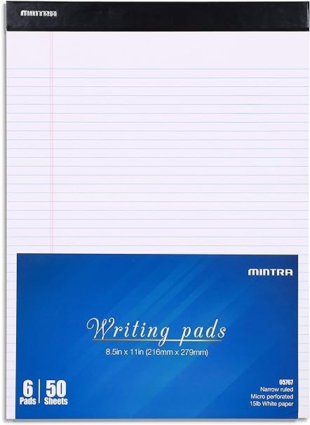 Mintra Office Legal Pads - ((BASIC WHITE 6pk, 8.5in x 11in, NARROW RULED)) - 50 Sheets per Notepad, Micro perforated Writing Pad, Notebook Paper for School, College, Office, Business
