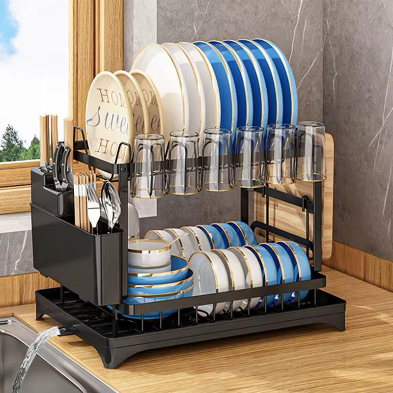 2-Layer Dish Drying Rack with Drip Tray