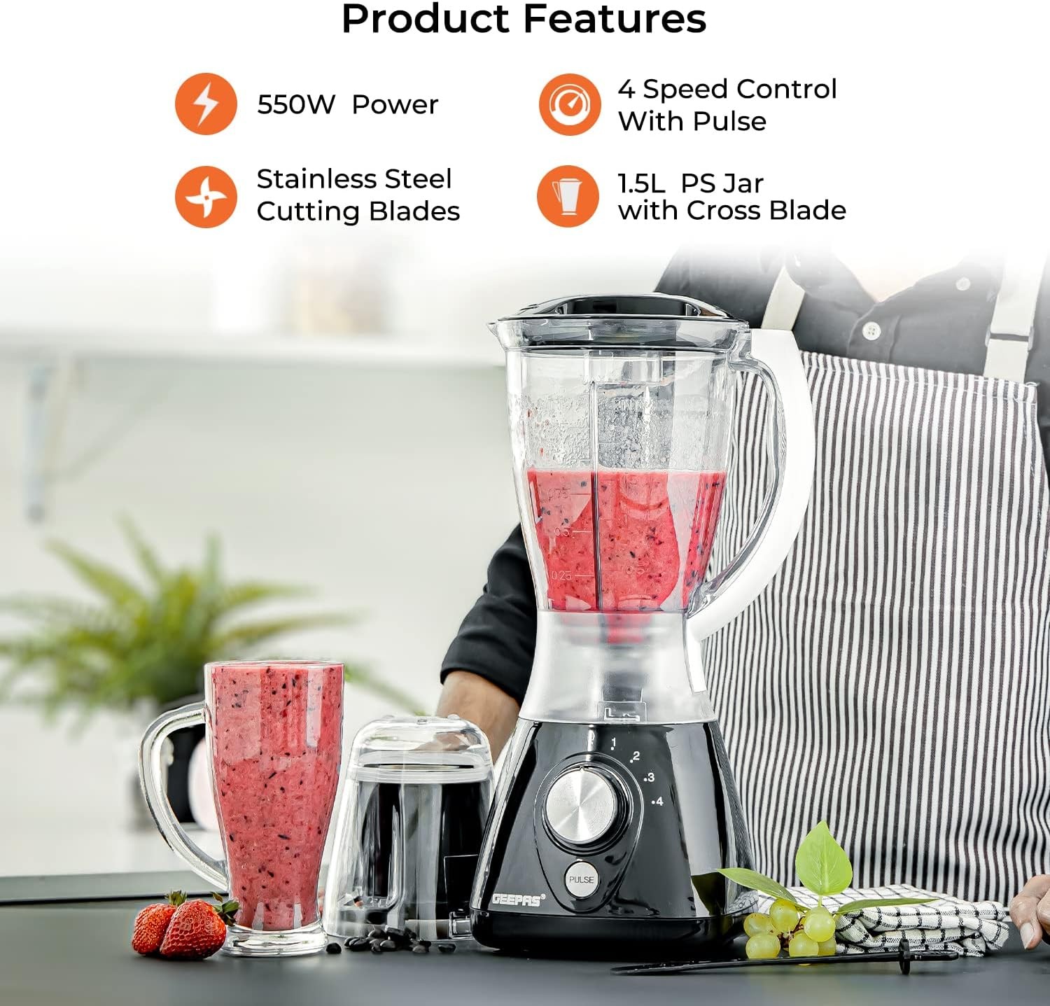 Geepas 550W 2 in 1 Food Jug Blender with 1.5L BPA Free Jar | 4 Sharp Stainless Steel Blades with 2 Speed | Ice Crusher, Mill, Coffee/Spice Grinder &...