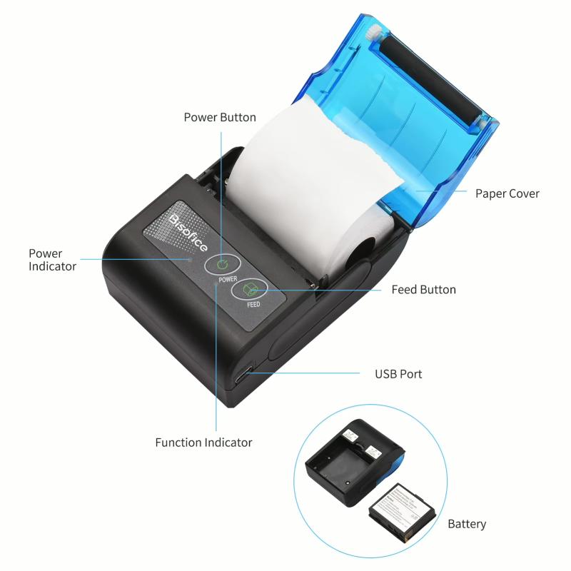 Portable Mini Thermal Printer 2 inch Wireless USB Receipt Bill Ticket Printer with 58mm Print Paper for Restaurant