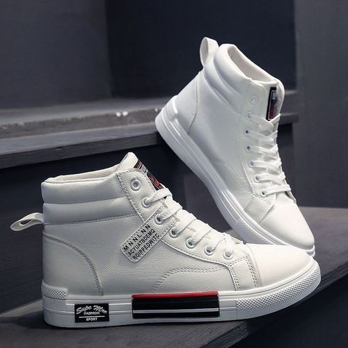 2021 Men's PU Leather Cool High-top Sneakers Shoes-white